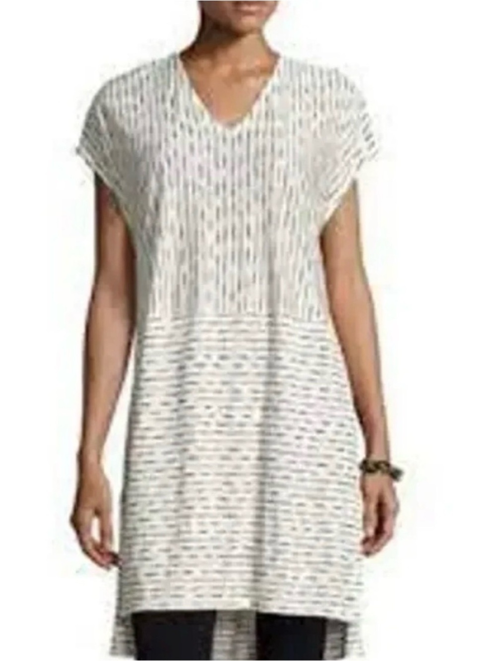 Eileen Fisher Organic Linen Painterly Stripe Tunic Top Black White High Low M